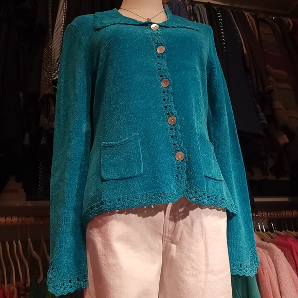 MARK, FORE & STRIKE ♡ Gorgeous Teal Soft Chenille Crochet Knit Button Cardigan M - Picture 10 of 15